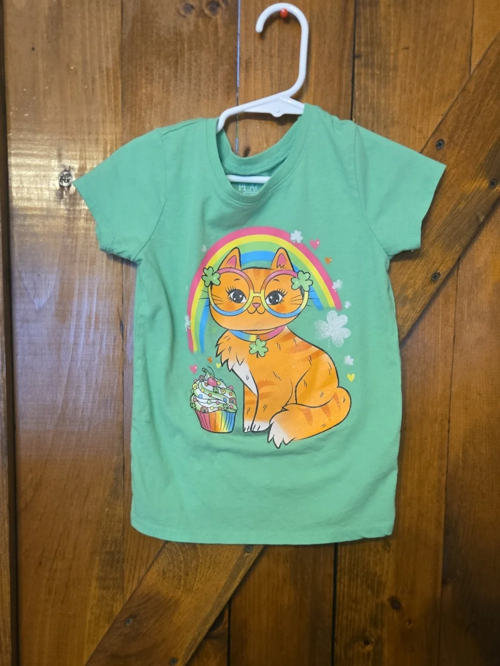 The Children's Place Mint Green Tee with Orange Cat and Rainbow